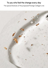 Close-up of a textured surface with gold particles and bubbles, promoting the Prestige Collagen Line.