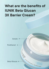 IUNIK Beta Glucan 3X Barrier Cream with text on benefits on a light blue background