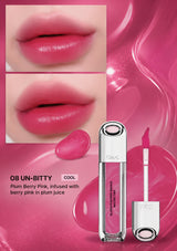 Lip gloss with packaging and close-up of lips wearing the product on a white background