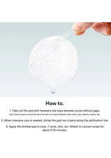 A white textured makeup removal pad held by a hand, with a small droplet hanging from it and instructional text below on how to use the pad.