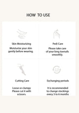 Instructions on how to use a product for skin moisturizing, pedi care, cutting care, and exchanging periods.