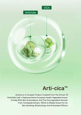 Artichoke leaves in a transparent bowl with green background and text about Arti-cica.