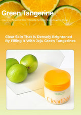 A promotional graphic for a skincare product labeled Clear Skin That Is Densely Brightened By Filling It With Jeju Green Tangerines. The design features a yellow-to-orange gradient background with images of green tangerine slices and whole limes, and a jar of the product in the lower right corner.