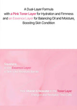 A text-heavy product graphic with a white upper section and a soft pink lower section. The text describes a dual-layer formula with a pink toner layer for hydration and firmness and an essence layer for balancing oil and moisture, boosting skin condition.