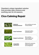 A text-heavy product information graphic for Cica Calming Repair by Cleardea, listing ingredient benefits including Medicinal Buckwheat Extract, Green Tea Extract, Mugwort Leaf Extract, and Lemon Balm Leaf Extract on a white background.