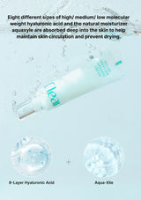 A tube of Clear Skin Hyaluronic Cream floating in a light blue water-themed graphic with text describing ingredients and two circular close-ups showing hydrating textures.