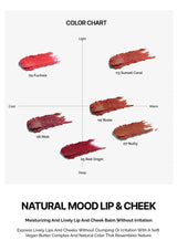 Color chart for Natural Mood Lip & Cheek balm with swatches and descriptions.