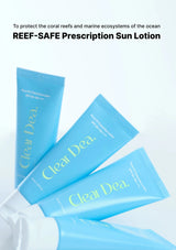 Three light blue tubes of Clear Dea. reef-safe prescription sun lotion arranged diagonally on a white background, with promotional text at the top.