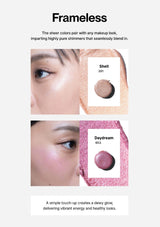 Cosmetic product with color swatches and text on a white background