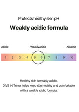 pH scale with a focus on weak acidity, labeled for DIVE IN Toner.