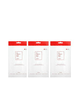 Three white face mask packages with red labels on a white background