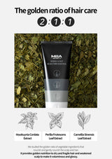 MBA Derma Scalp product on a green leaf background with text about hair care ratio and ingredients.