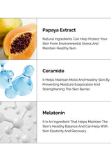 Product packaging with papaya extract, ceramide, and melatonin text on a white background