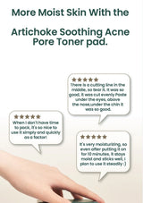 Product advertisement for Artichoke Soothing Acne Pore Toner pad with user reviews on a white background.