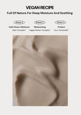 Vegan skincare product with text highlighting benefits on a beige background