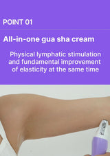 All-in-one gua sha cream being applied to a leg with a purple background and text.