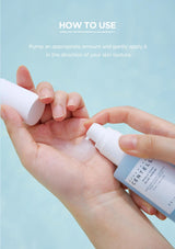 Hand applying a skincare product with text on how to use it