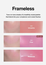 Cosmetic swatches labeled 'Uncanny', 'Fine', and 'Montrose' with text describing a 'Frameless' palette.