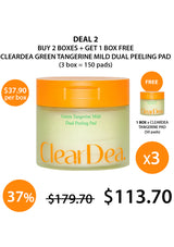 ClearDea Green Tangerine Mild Dual Peeling Pad packaging with promotional text on a white background