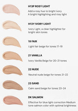 Color swatches and descriptions of different makeup shades on a white background