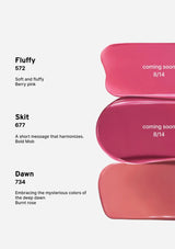 Three pink lip swatches labeled 'Fluffy', 'Skit', and 'Dawn' with text on a white background.