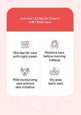 Product description card for L22 Barrier Cream with icons and text on a pink background