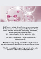 Text about BioDTox natural detoxification enzyme complex with pink molecular structures on a pink background.