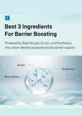 Advertisement for a cream with ingredients Beta Glucan, Ectoin, and Panthenol on a light blue background.
