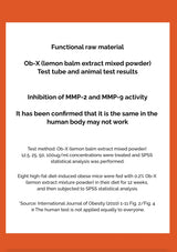 Document about Ob-X lemon balm extract mixed powder with text on inhibition of MMP-2 and MMP-9 activity.