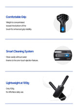 Product features including comfortable grip, smart cleaning system, and lightweight design on a white background.