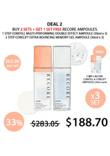 Cosmetic product advertisement with RECORE skincare bottles and ampoules on a white background.