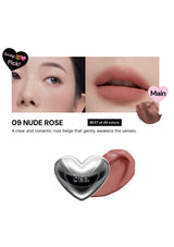 Lipstick with heart-shaped cap on a white background, featuring color swatch and product name.