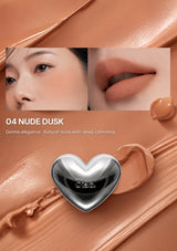 Lipstick with heart-shaped cap on a white background, featuring color swatch and product name.