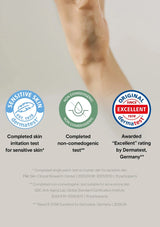 Product packaging with dermatological test logos and text on a neutral background