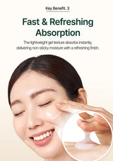Woman applying a skincare product with text about fast and refreshing absorption.