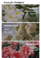 Floral scents with corresponding flowers and notes on a dark background