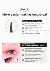 Advertisement for a better glitter pen eyeliner with text and images of an eye and product.