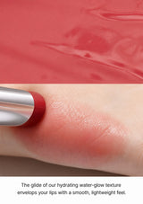 Close-up of a lip with a smooth texture, showing the hydrating water-glow effect.