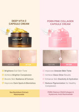 Two skincare product containers with 'Before' and 'After' skin effects on a light background.