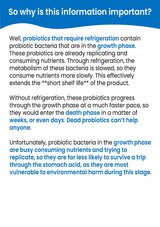 An informational graphic with a blue header reading 'So why is this information important?' and three paragraphs of text explaining probiotic shelf life and refrigeration, with key phrases highlighted in blue.