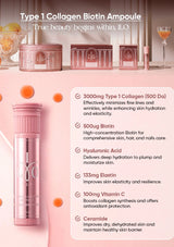 Collagen biotin ampoule product with text detailing its benefits on a pink background.
