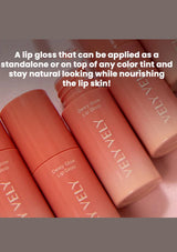 VELEY lip gloss bottles with text describing their use.