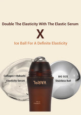 Collagen+Bakuchiu Elasticity Serum with a stainless steel ball on a beige background