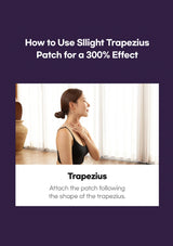 Woman adjusting a patch on her shoulder with text on how to use a slight trapezium patch.