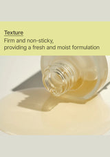 Bottle of skincare product with text about texture on a light background