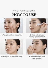 Instructions on how to use a collagen night wrapping mask with step-by-step images.