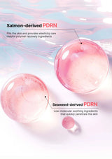 Illustration of salmon-derived and seaweed-derived PDRN with text on a light pink background