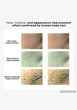 A clinical trial results graphic showing before-and-after skin improvement images for tone, texture, and mask streaking, with text reading 'Tone, Texture, and appearance improvement effect confirmed by human body test.'.