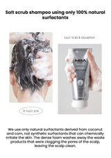Salt scrub shampoo with a person using it and the product packaging on a white background.