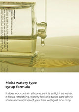 Glass bottle with a syrup-like liquid and text on a white background